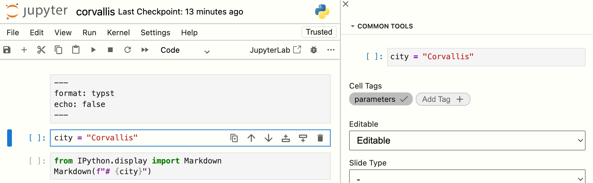 Screenshot of a Jupyter notebook cell with a tag 'parameters' added to it.